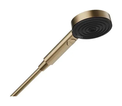 Hansgrohe Handbrause mit runder Kopfbrause und einem schwarzen Sprudelgitter, montiert auf einem goldfarbenen Griff mit Auswahlknopf.